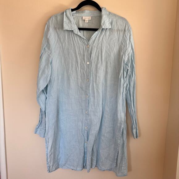 J. Jill Love Linen Oversized Shirt Dress Blue Button Front Slit 3/4 Sleeve Sz XL - Picture 1 of 5